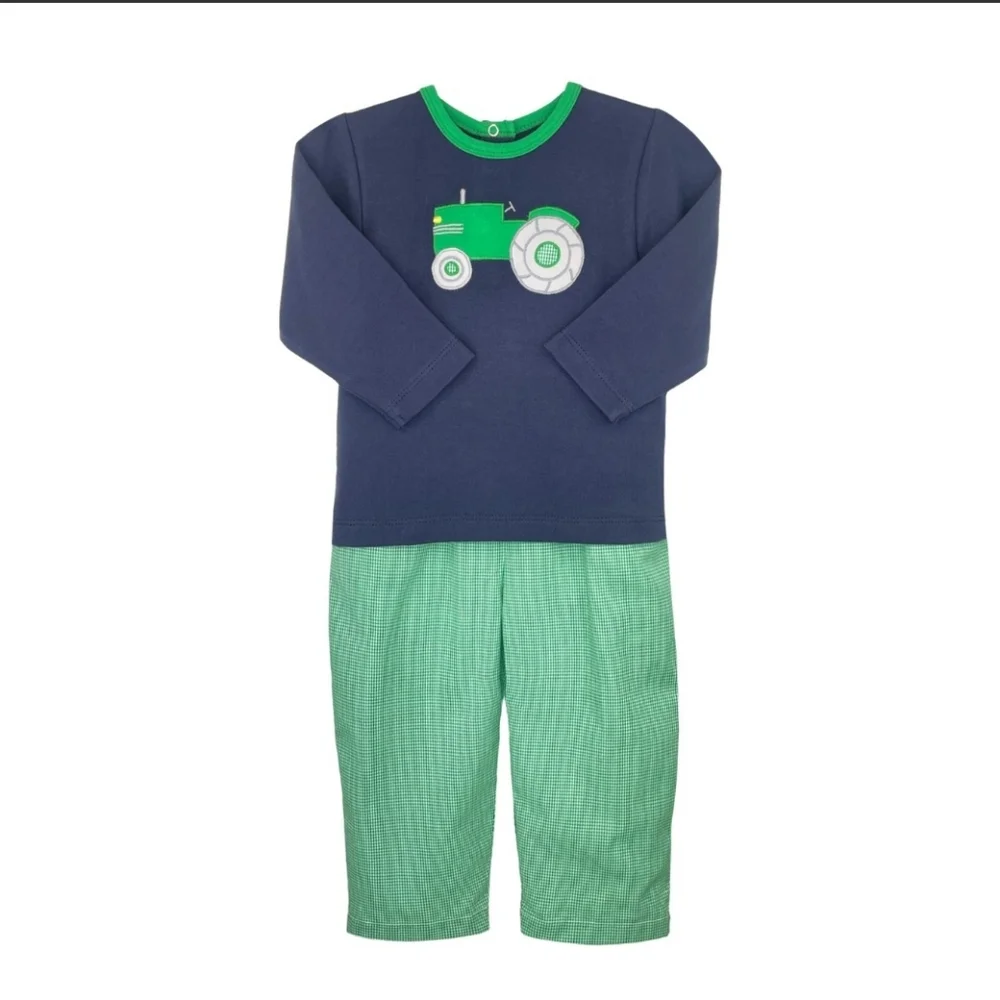 Petit Ami Navy and Green Tractor Applique Top & Pant Set
